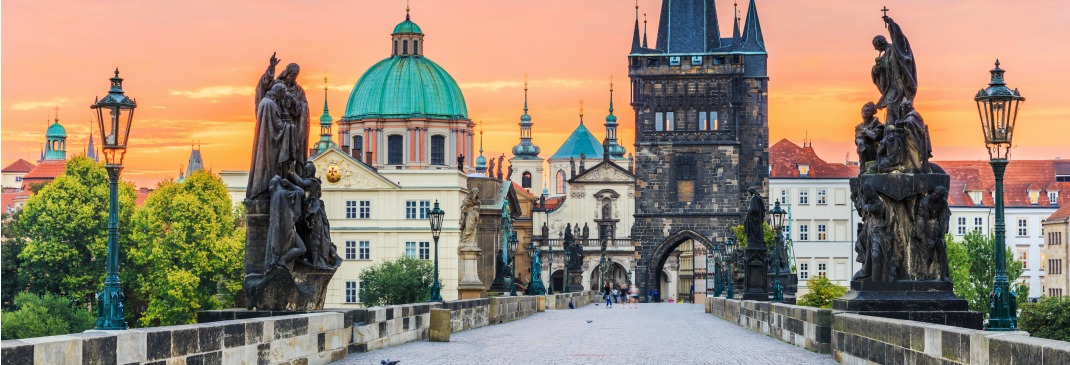 Prague’s famous Charles Bridge at sunrise